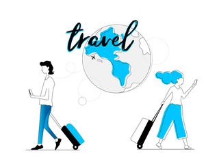 Man and woman looking at the phone with a world travel bag vector backgrounds - Flat cartoon web banner