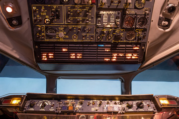 Detail shot of old aircraft simulator cockpit