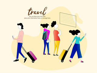 People plane schedule and bag travel bag vector backgrounds - Woman and man travel together. Flat cartoon web banner