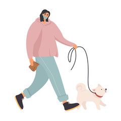 Walk with the dog in the period of self-isolation and quarantine. Cute vector flat illustration with girl in mask and dog on a leash.
