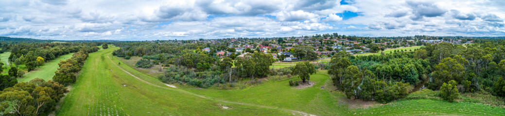 Fototapeta na wymiar Rowville reserve and residential area in Melbourne, Australia - wide aerial panorama