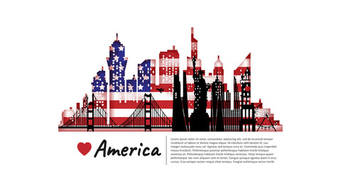 USA America Travel postcard, poster, tour advertising of world famous landmarks. Vectors illustrations