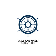 Ship steering wheel and conpass rose navigation symbol or logo isolated on white background - vector illustration