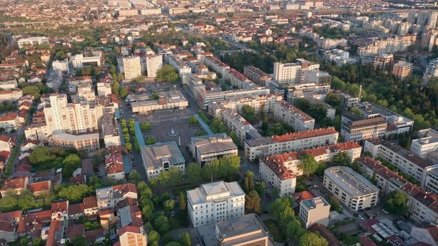 Podgorica, capital of Montenegro, city center: circling above central business district in the downtown.