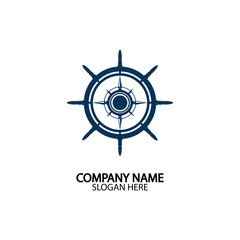 Obraz premium Ship steering wheel and conpass rose navigation symbol or logo isolated on white background - vector illustration