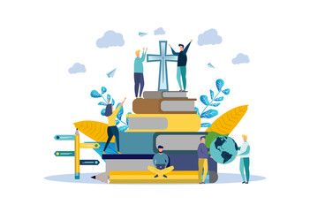 Bible study. God gives people hope. The word of God is Christianity. The number of believers is growing. Jesus Christ. Holy places. Bible study concept. Colorful vector