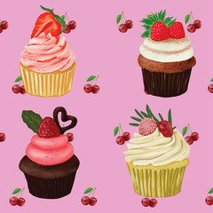 Pattern with various cupcakes on a pink background Sweet pastries decorated with cherries