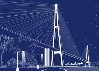 Large cable-stayed bridge, traffic on a night road. Lanterns shine on the embankment under the bridge. A city is visible in the distance. Vector design art. Illustration