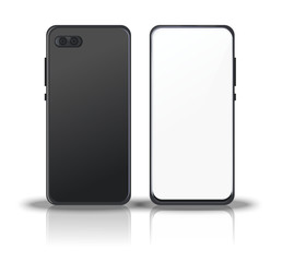 Devices realistic trendy mobile phone isolated. Back and front view on white background. There are shadows and reflections on the ground. Mockup smartphone vector illustration.