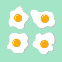 Bright set of broken fried eggs with shadow on an isolated green background. Breakfast for children. Color can be changed. Flat design. Print on fabric, menu, paper, wallpaper. Vector illustration.