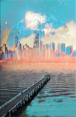 Science fiction book cover design. Alien planet landscape - pier stretching into the ocean at sunset with skyscrapers and planet digital illustration. Elements of this image are furnished by NASA © Greg Brave
