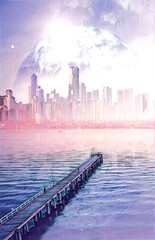 Science fiction book cover design. Alien planet landscape - pier stretching into the ocean at...