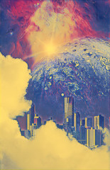 Futuristic scene for science fiction novel book cover - beautiful white clouds reveal skyscrapers...