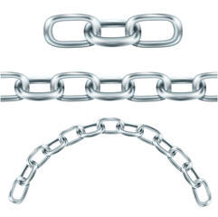 silver chain links of different shapes link, arc and level. Length of Chain Isolated on White Background
