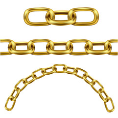 gold chain links of different shapes link, arc and level. Length of Chain Isolated on White Background
