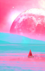 Landscape of an alien planet book cover proportions - huge pink moon reflects in calm ocean water -...