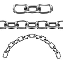 Metal chain links of different shapes link, arc and level. Length of Chain Isolated on White Background
