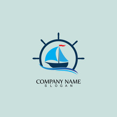 Ship and Boat Helm Steering Wheel on The Wave Water Ocean Logo Symbol