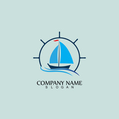 Ship and Boat Helm Steering Wheel on The Wave Water Ocean Logo Symbol