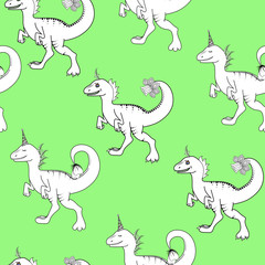 Seamless dino pattern. Black and white dinosaurs on a light green background. Grunge design for boys and girls.  Bright Background for kids, for textiles, clothing, web, overprint paper. 
