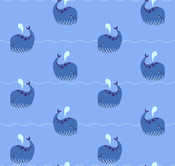 Sea whale flat vector seamless pattern. Cute blue pattern with whales and waves.