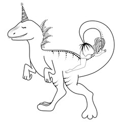 Stylized sleeping girl with dinosaur of the isolated on white background. For adult coloring book page. Child coloring page.