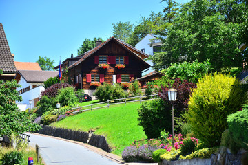 Traditional wooden buildings in the rural areas in Liechtenstein.