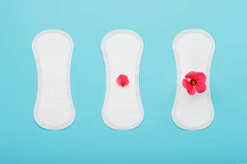 Sanitary pads in a row with a red flower on a blue background. The concept of critical days, stages of the menstrual cycle.