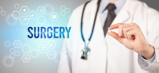 Close-up of a doctor giving you a pill with SURGERY inscription, medical concept