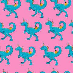 Cute seamless pattern with dinosaurs, happy dino. Pink Background with blue dinosaurs. Print for textiles, wrapping paper
