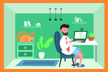 Vector illustration of man working from home by conference call 