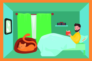 Vector illustration of young man chilling with pizza and a cat