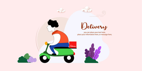 Fototapeta premium Delivery people ride a motorcycle - Flat cartoon web banner blog. Post office male worker vector illustration. Man distributes packages. Post-service delivery boy