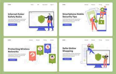 Four cybersecurity and internet network protection landing pages templates. Application and information safety, global cyber threat. Vector flat illustration.