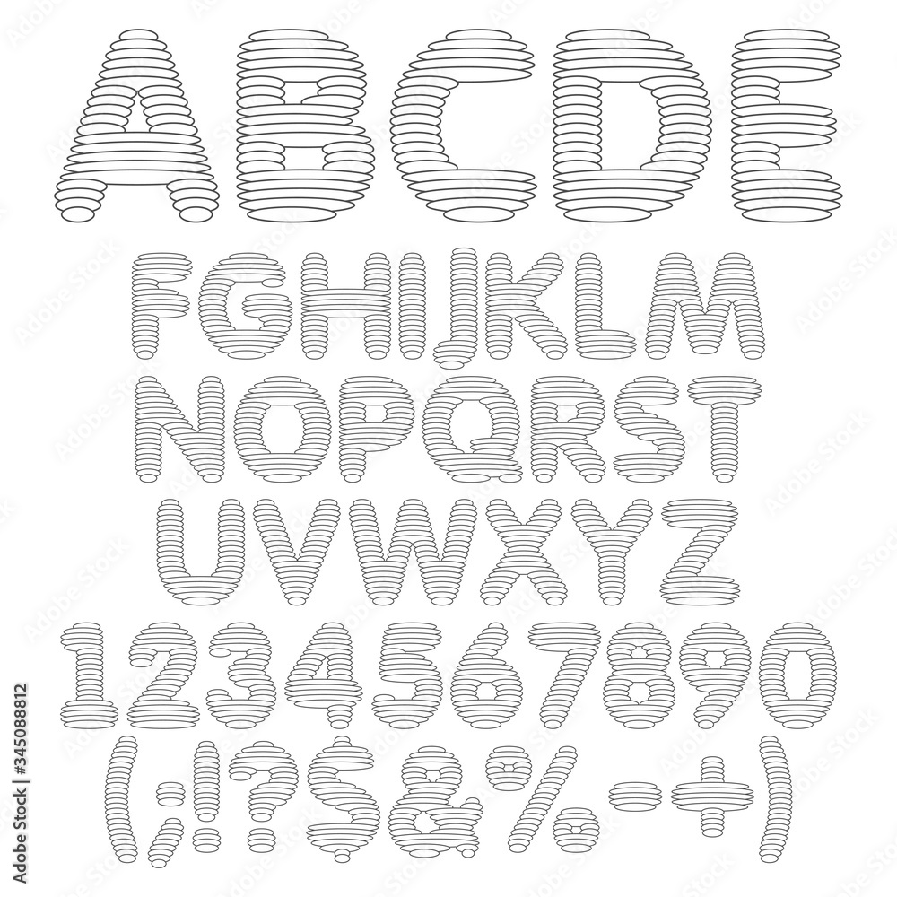 Aufkleber black and white alphabet, letters, numbers and signs from round layers. set of vector isolated objec