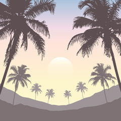 Obraz na płótnie Canvas bright tropical nature landscape with palm trees and mountain view vector illustration EPS10