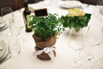Table setting at a luxury wedding or another catered event. Wedding rustic style. Wedding table decoration.