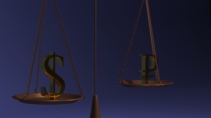 Symbols of the American dollar and Russian ruble on the bowls of balance weights on a blue background.