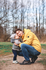 Fototapeta premium a man takes his child to kindergarten