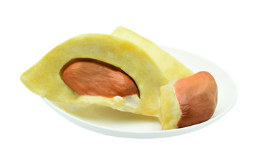 Durian fruit seed in Thailand Yellow in the white plate.