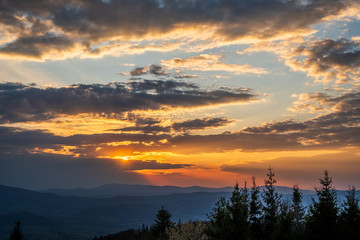 sunrise in the mountains with forest in the foreground with beautiful sky, czech republic beskydy Javorovy vrch