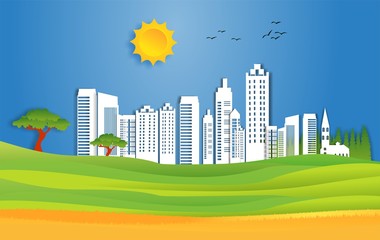 Vector landscape, urban buildings and countryside view
