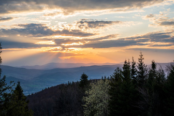 sunrise with beautiful sky and silhouette of landscape, czech beskydy
