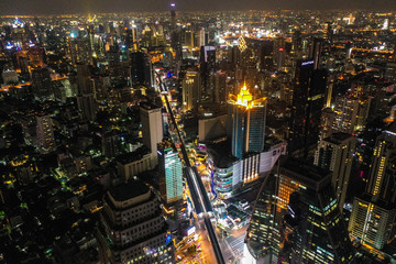 Aerial view of Asoke intersection and sky train station in Bangkok Thailand