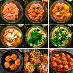 Food collage. Cooking meatballs, step by step photo, ingredients for chicken minced meatballs.