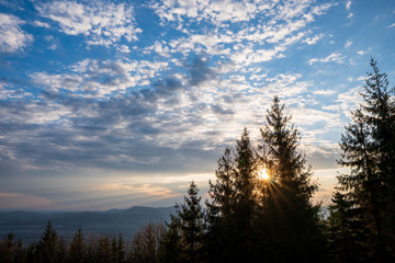 Fototapeta na wymiar sunrise with beautiful sky and silhouette of landscape, czech beskydy