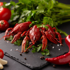 ready crayfish. Lying on a platter with vegetables