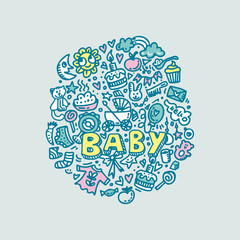 Doodle flat round template. Nice gentle vector card template. Lettering Baby in a circle to invitation, children's holiday design. Funny background for greeting card, poster, bag, print t-shirt