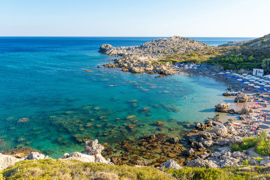 view on beautiful Ladiko beach on Rhodes island in Greece