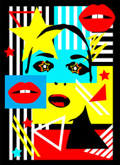 Silhouette girl with star eyes, red lips and colorful abstract geometric background